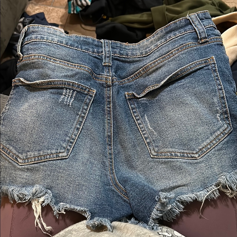 Blue Jean Shorts with Frayed Hem and Distressed Look